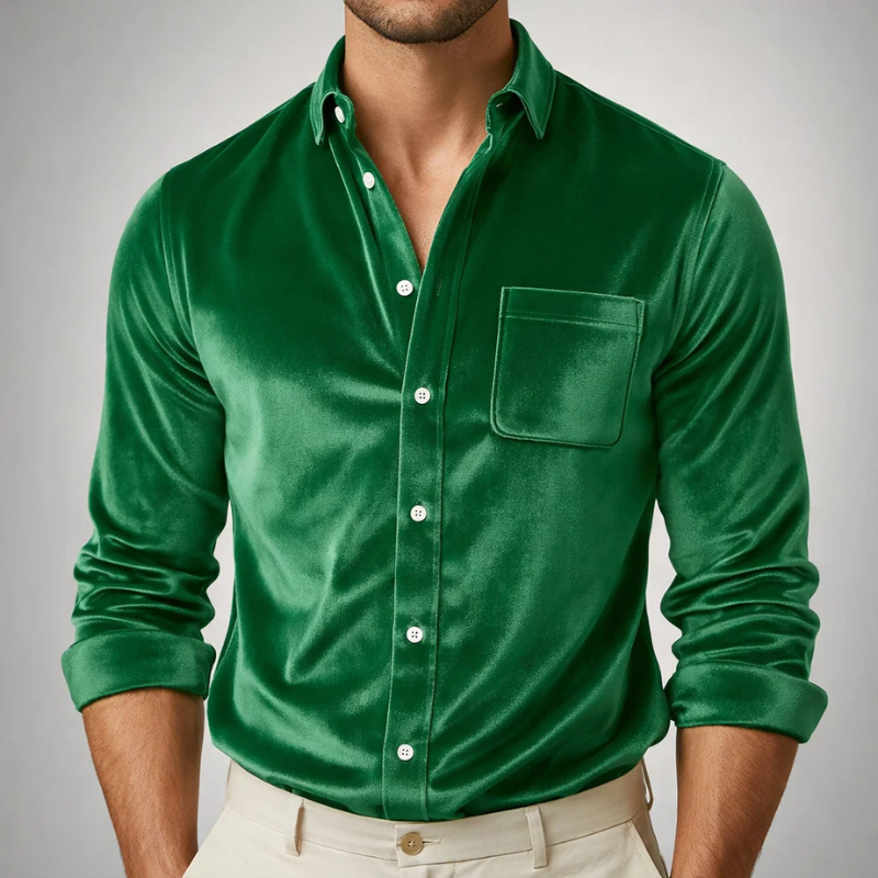 Men's Velvet Shirt – Tailored Smart Evening Occasion Top – Green