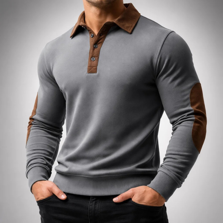 Men's Cotton Long-Sleeve Polo Pullover – Smart-Casual Knit – Grey