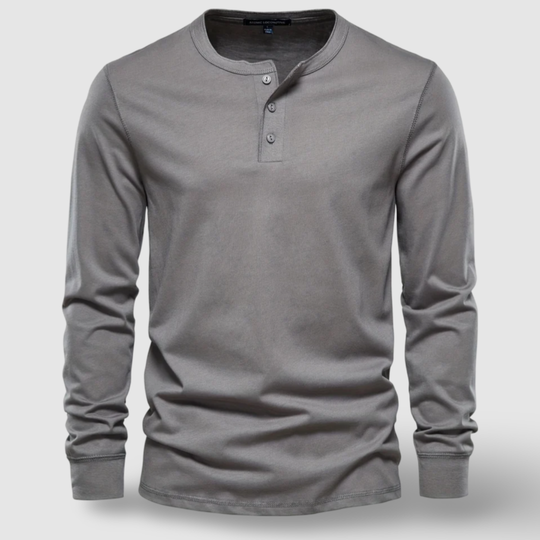 Men's Long Sleeve Cotton Henley – Buttoned Everyday Top – Dark Grey