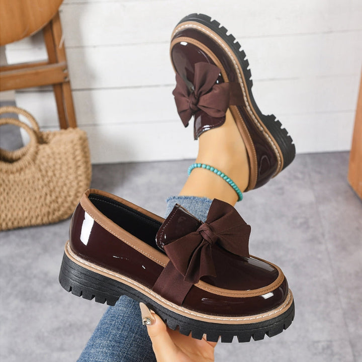 Women's Patent Leather Bow Loafers – Chunky Platform Sole – Brown