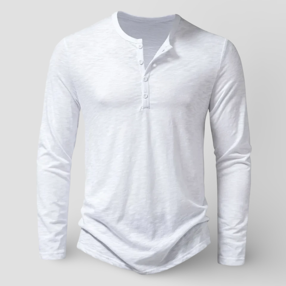 Men's Cotton Long Sleeve Henley Shirt – Classic Button Placket – White