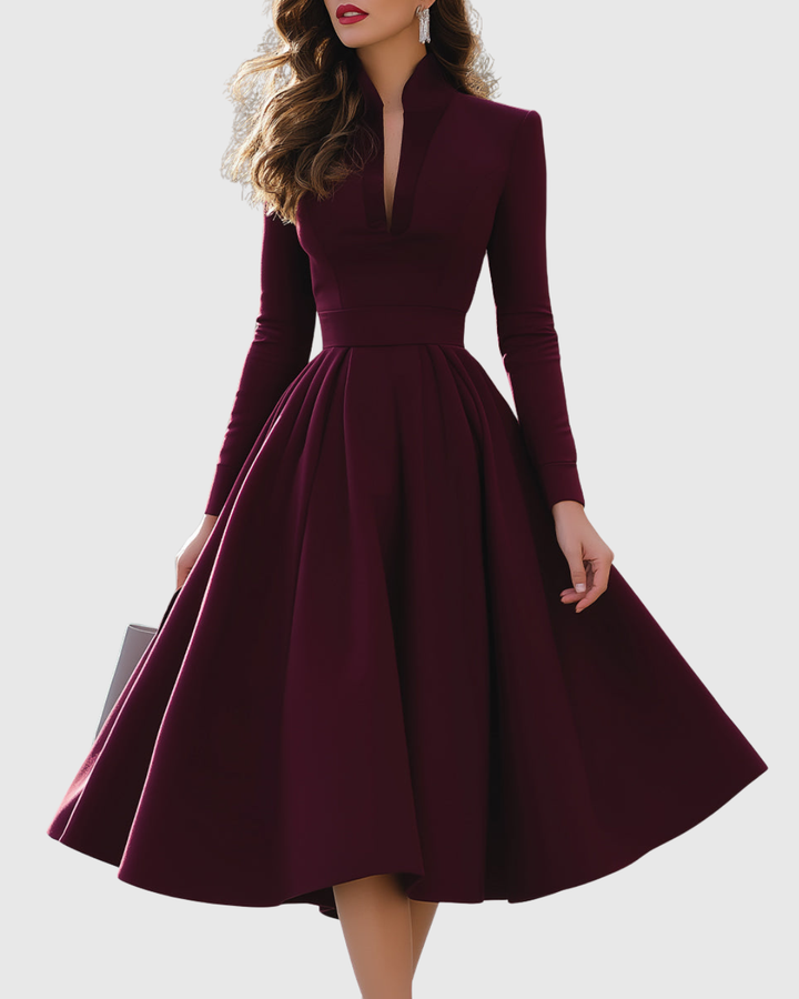 Women's Deep Wine V-Neck Midi Dress - Evening Glamour