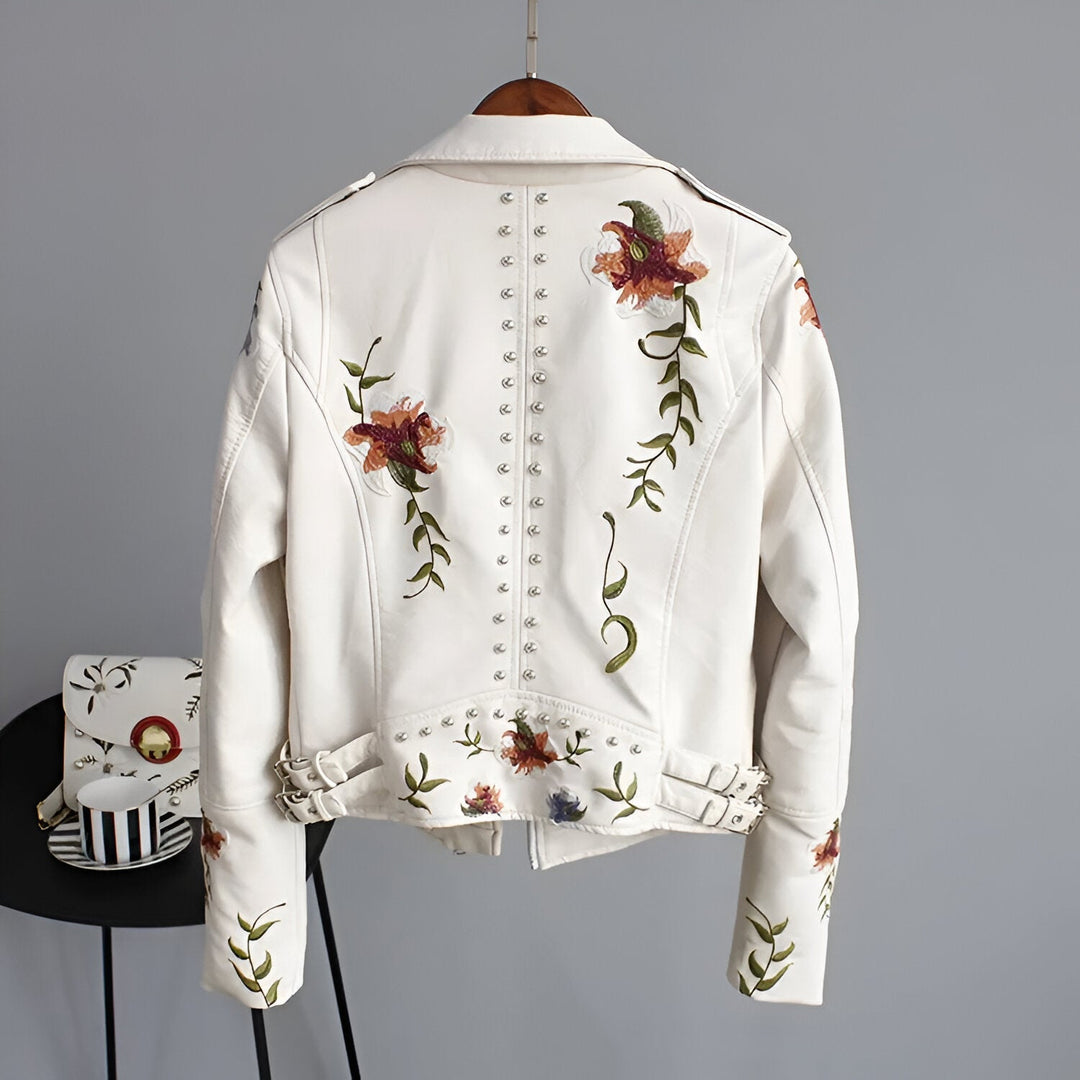 Women's Studded Vegan Leather Biker Jacket – Floral Embroidery – view 8