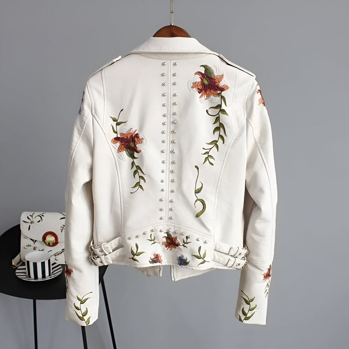 Women's Studded Vegan Leather Biker Jacket – Floral Embroidery – view 8