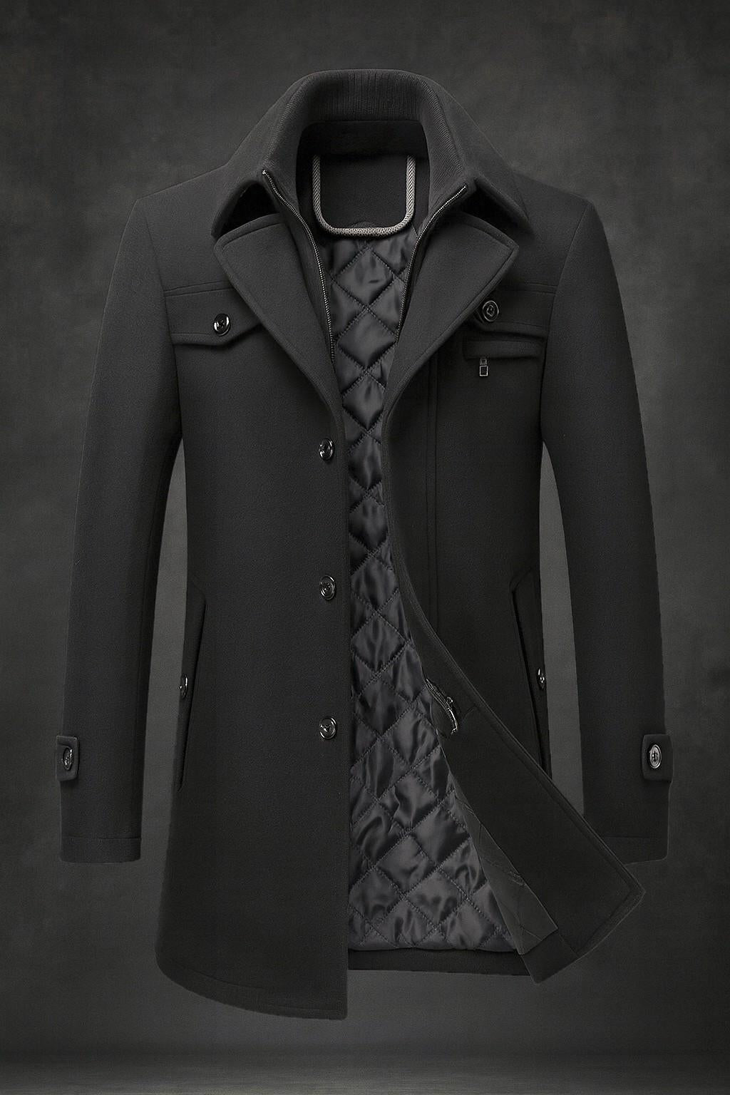 Men's Wool Overcoat – Tailored Quilted-Lined Winter Topcoat – Black