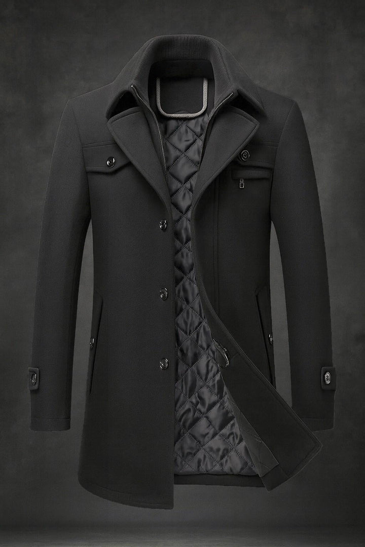 Men's Wool Overcoat – Tailored Quilted-Lined Winter Topcoat – Black