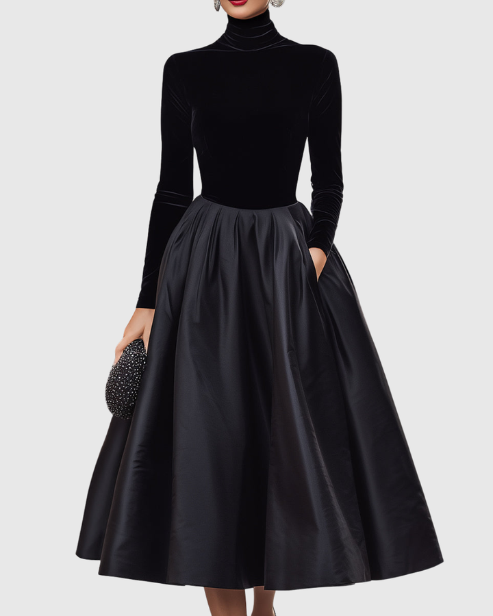 Women's Aradia Black Velvet and Satin Midi Dress - Evening Elegance