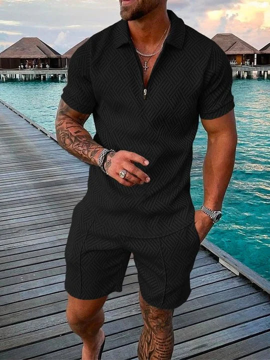 Men's Midnight Black Polo Shirt & Shorts Set - Vintage Style Summer