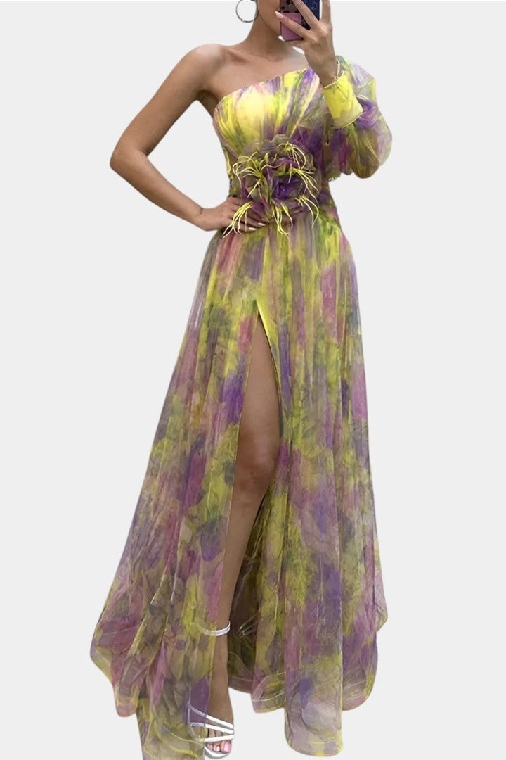 Women's Printed One-Shoulder Maxi Dress - Perfect for Weddings