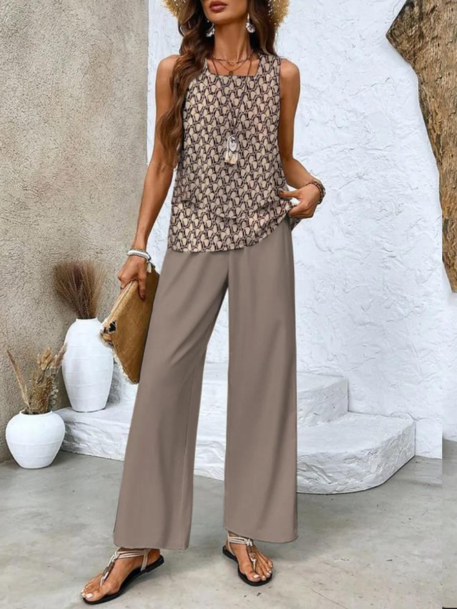 Women's Leaf Print Two-Piece Summer Set - Elegant & Effortless