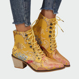 Women's Leather Ankle Boots with Embroidered Pattern - Low Heel