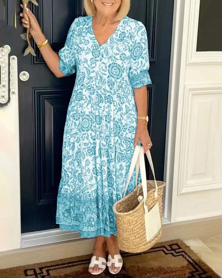 Women's Printed V-Neck Midi Dress - Everyday Elegance