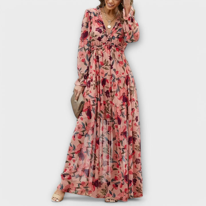 Women's Floral Maxi Dress - Graceful V-Neck & Long Sleeves