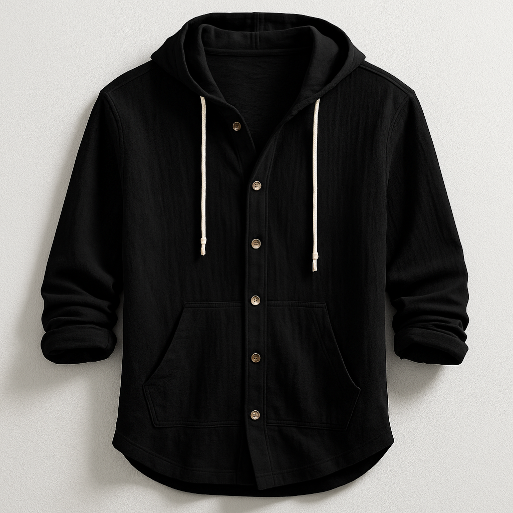 Men's Cotton-Linen Hooded Shirt – Relaxed Button-Up Layer – Black