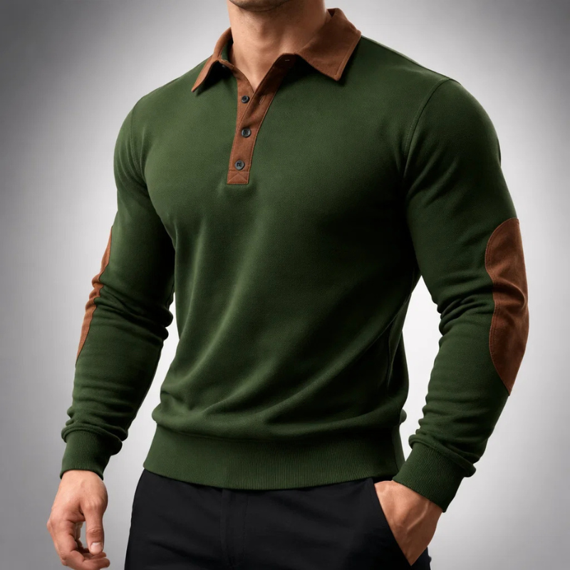 Men's Cotton Long-Sleeve Polo Pullover – Smart-Casual Knit – Green