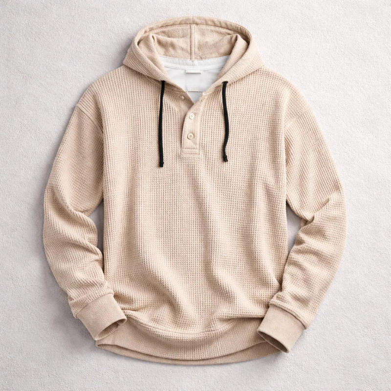 Men's Waffle-Knit Henley Hoodie – Textured Cotton Hooded Top – Blue
