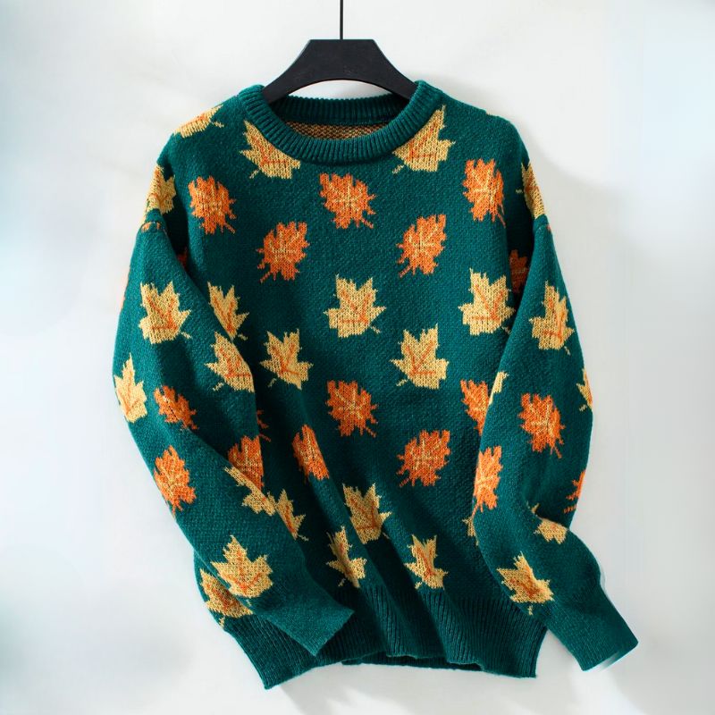 Women's Knitted Autumn Jumper – Maple Leaf Crew Neck Sweater – view 5