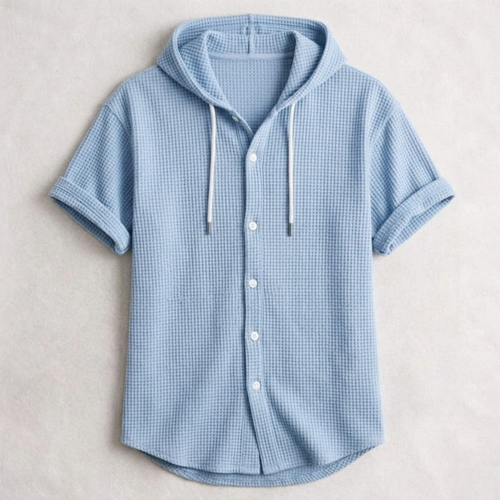 Men's Cotton Waffle Hooded Shirt – Relaxed Long-Sleeve Overshirt – Blue