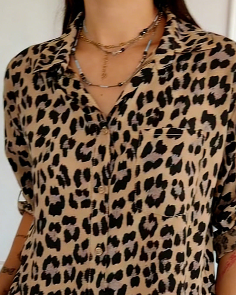 Women's Leopard Print Blouse - V-Neck Three-Quarter Sleeve