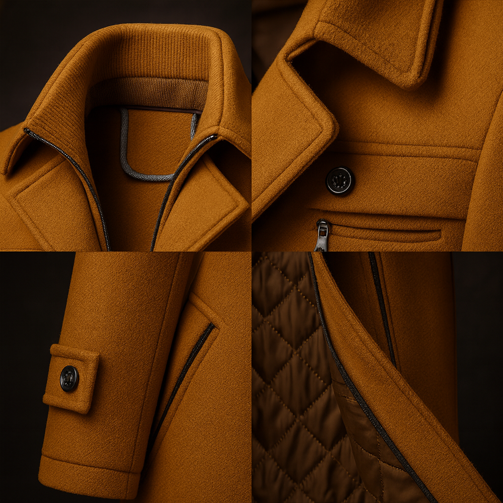 Men's Wool Overcoat – Tailored Quilted-Lined Winter Topcoat – Brown
