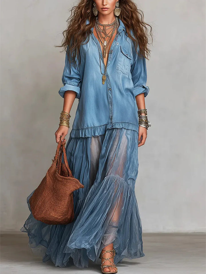 Women's Retro Lapel Denim & Organza Patchwork Maxi Dress