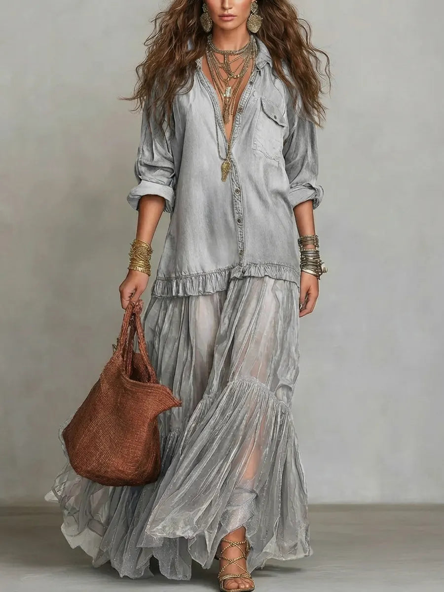 Women's Retro Lapel Denim Organza Patchwork Maxi Dress - Artful