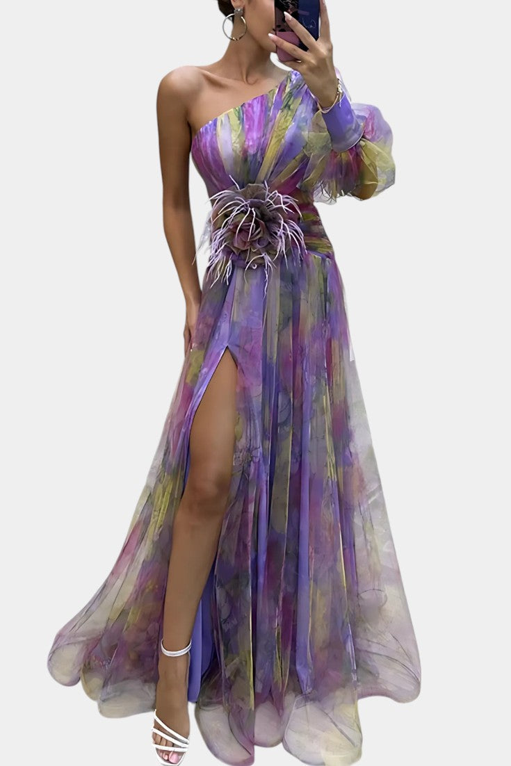 Women's Watercolor-Print One-Shoulder Maxi Dress - Elegant Event