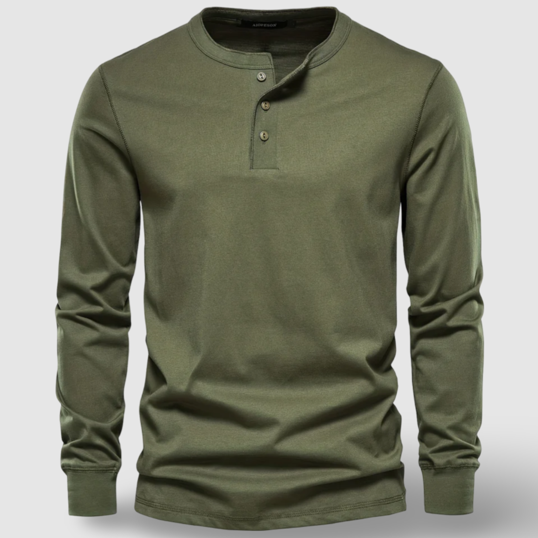 Men's Long Sleeve Cotton Henley – Buttoned Everyday Top – Army Green