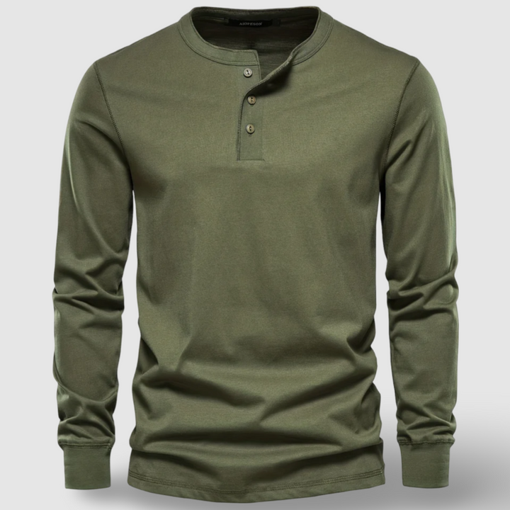 Men's Long Sleeve Cotton Henley – Buttoned Everyday Top – Army Green