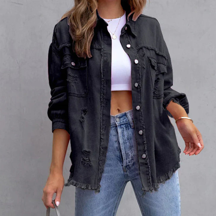 Women's Frayed Denim Jacket – Relaxed Distressed Cotton – view 7