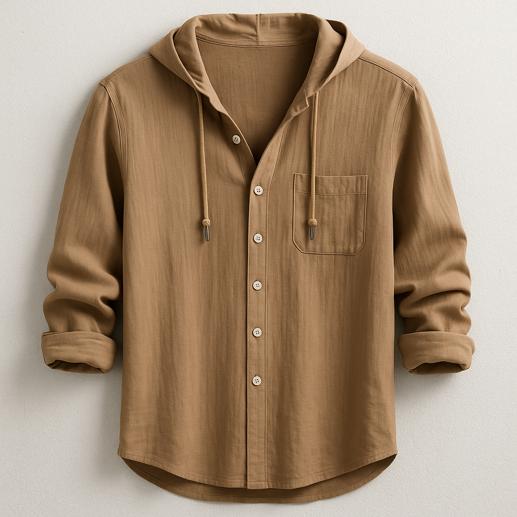 Men's Cotton Linen Hooded Shirt – Relaxed Summer Beach Style – Brown