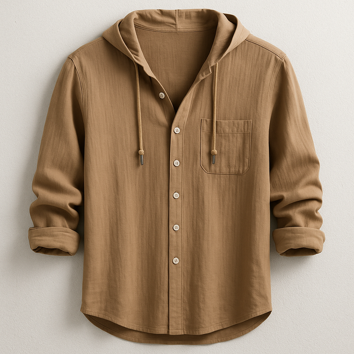 Men's Cotton Linen Hooded Shirt – Relaxed Summer Beach Style – Brown