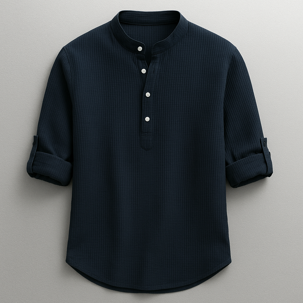 Men's Cotton-Linen Shirt – Tailored Fit with Roll Sleeves – Navy