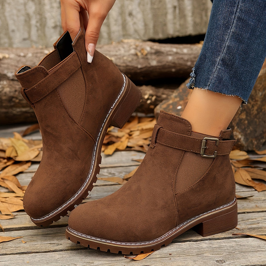 Women's Faux Suede Buckle Chelsea Boots – Low Block Heel – view 4