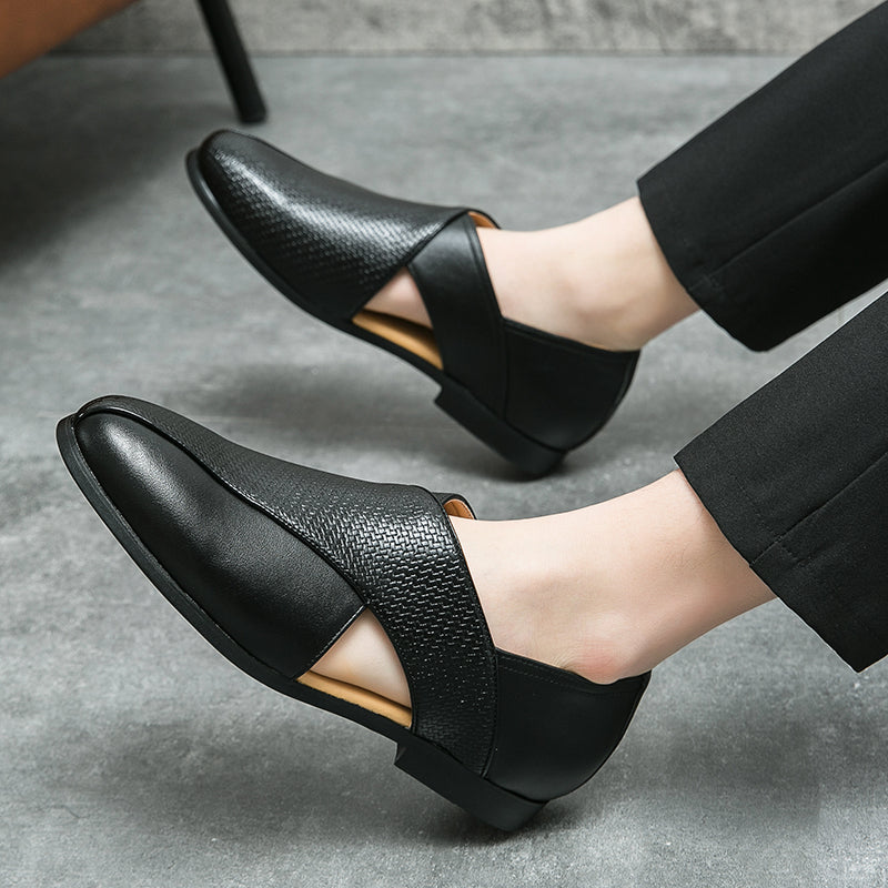 Men's Leather Cross-Strap Loafers – Smart Casual Slip-On Shoes
