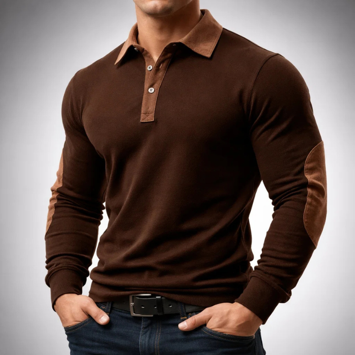 Men's Cotton Long-Sleeve Polo Pullover – Smart-Casual Knit – Brown