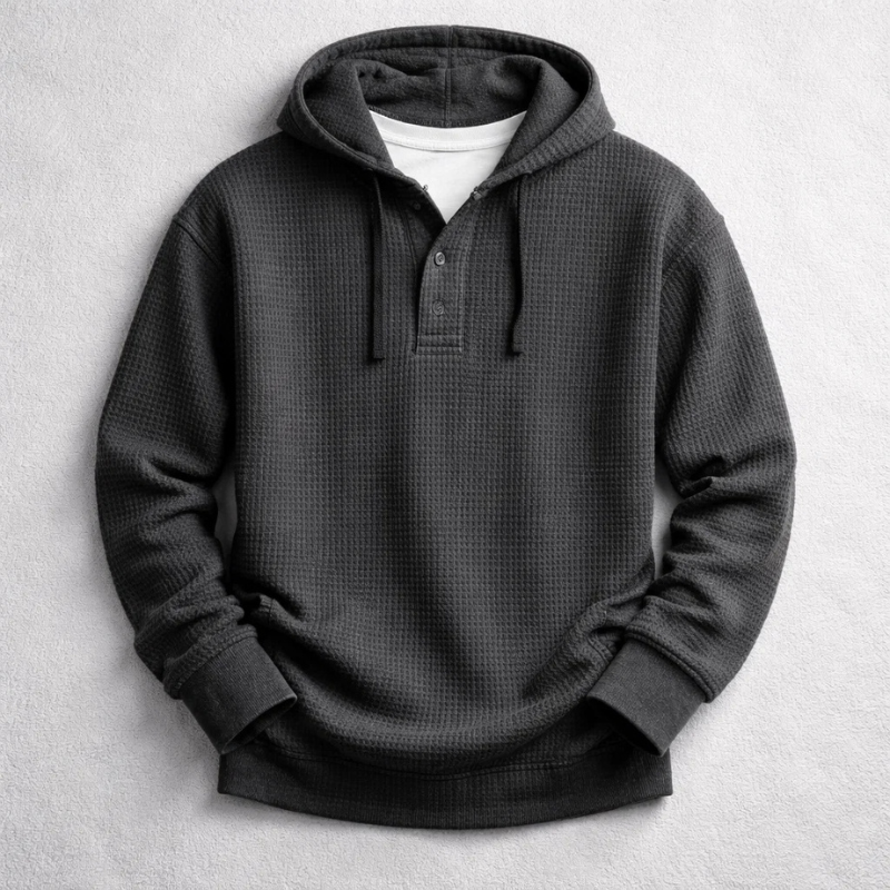 Men's Waffle-Knit Henley Hoodie – Textured Cotton Hooded Top – Black