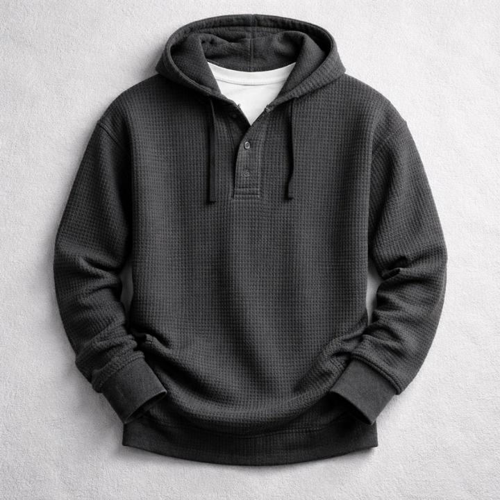 Men's Waffle-Knit Henley Hoodie – Textured Cotton Hooded Top – Black