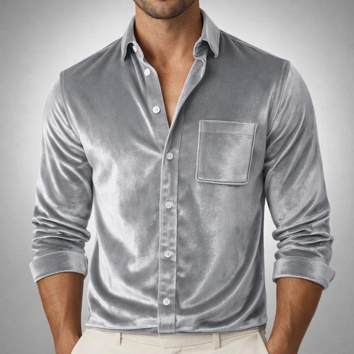 Men's Velvet Shirt – Tailored Smart Evening Occasion Top – Grey