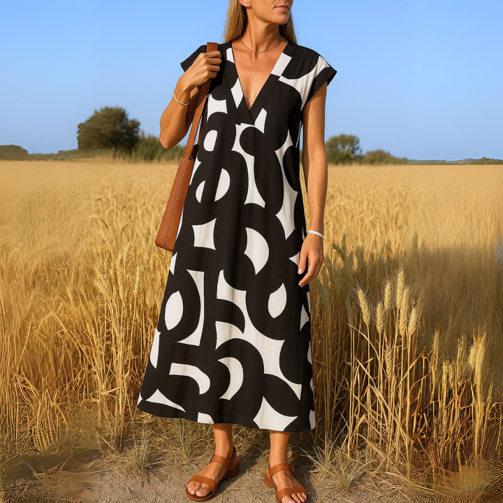 Women's Printed V-Neck Dress - Effortless Everyday Elegance