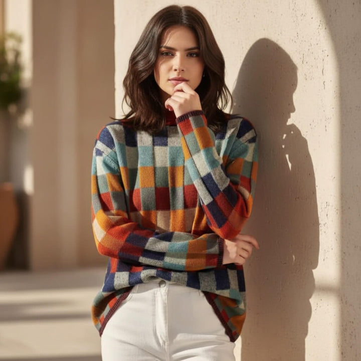 Women's Merino Wool Colour-Block Jumper – Mock Neck Knit – view 3