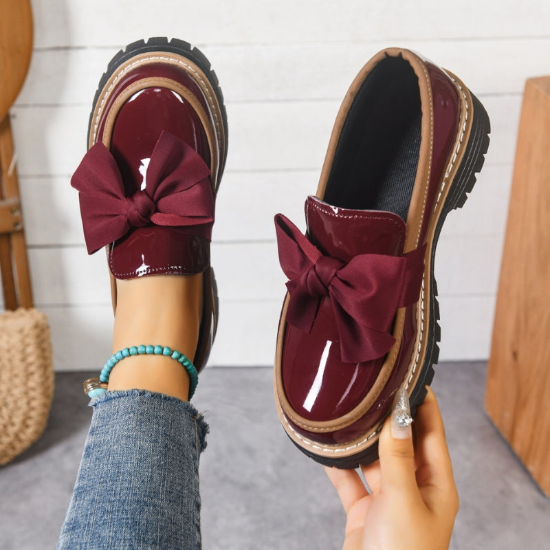 Women's Patent Leather Bow Loafers – Chunky Platform Sole – Burgundy