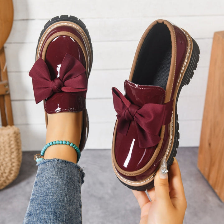 Women's Patent Leather Bow Loafers – Chunky Platform Sole – Burgundy