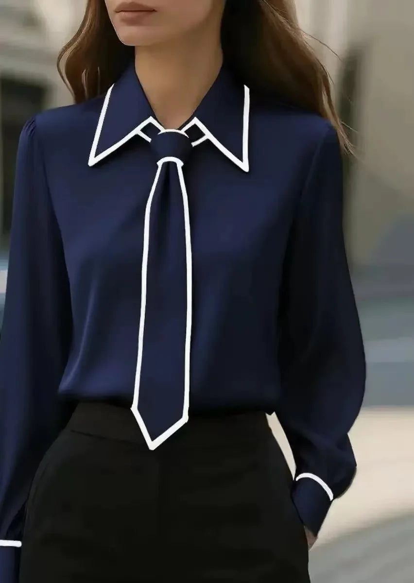 Women's Cotton-Blend Tie Blouse – Contrast Piping Workwear – Navy