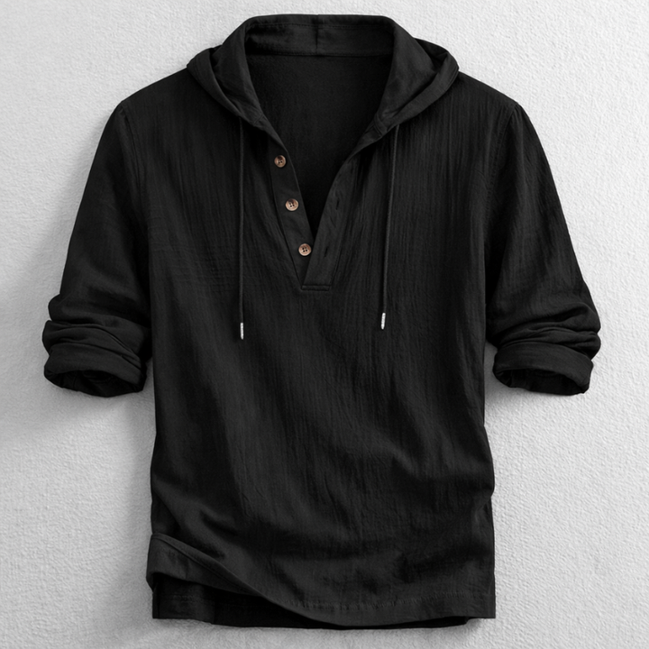Men's Linen Hooded Henley – Breathable Relaxed Summer Shirt – Black