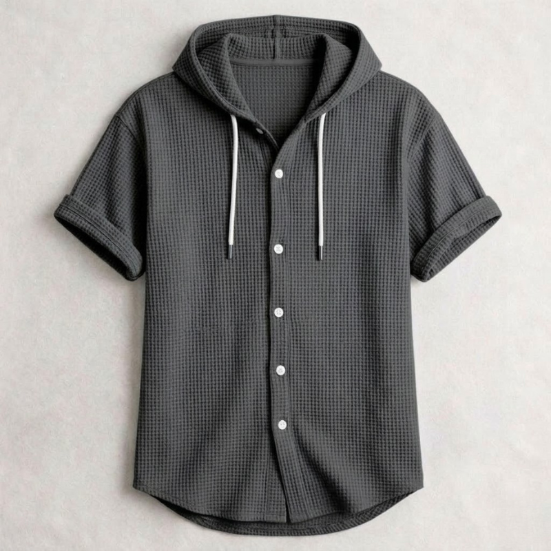 Men's Cotton Waffle Hooded Shirt – Relaxed Long-Sleeve Overshirt – Black