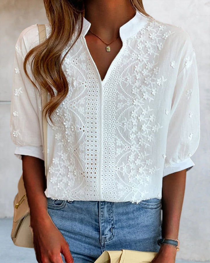 Women's Summer V Neck Puff Sleeve Blouse - Warm-Weather Essential