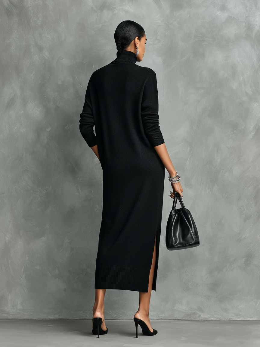 Women's Black Knitted Turtleneck Midi Dress - Effortless Style