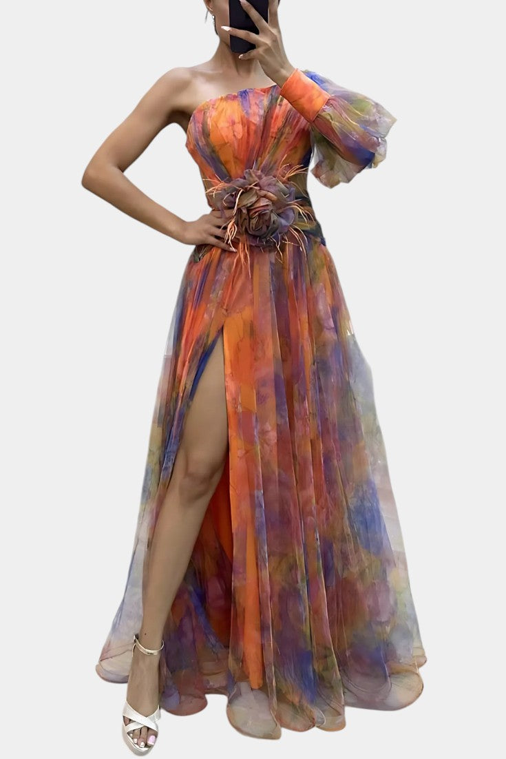 Women's Watercolor-Print One-Shoulder Maxi Dress - Elegant Event