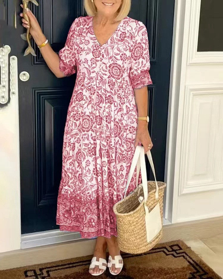 Women's Printed V-Neck Midi Dress - Everyday Elegance